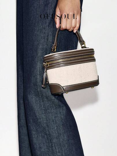 小众设计午餐盒包，新款高端百搭手提包，撞色复古帆布单肩包（女士款）