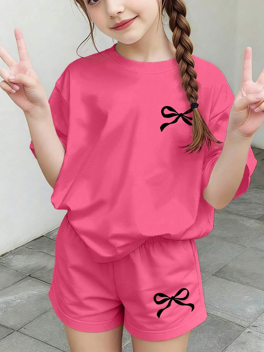 2件/套 青春女孩休閒簡約蝴蝶結裝飾短袖上衣與短褲套裝,夏季服飾 - 玫紅色 - 查看 1