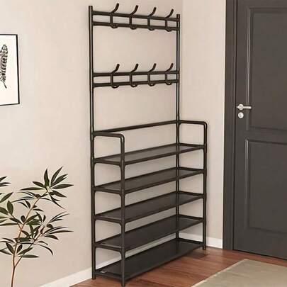 Four/Five-Tier Freestanding Metal Shoe Rack (Shoe Rack Material Is Non-Woven Fabric), Can Be Used As A Coat Rack, Multi-Functional Outdoor Storage Rack, Freestanding Wardrobe Hanging Rack, Multi-Tier Indoor Shoe Rack, Equipped With 8 Double-Hook Stainless Steel Shoe And Hat Combination Racks, Three-In-One Space-Saving Storage Rack, Very Suitable For Bedrooms, Living Rooms, Behind Doors, Corridors And Other Places, Can Be Used As A Hat Rack, Shoe Rack, Portable Wardrobe, Luggage Storage Rack.