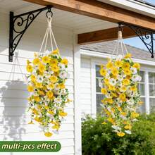 4pcs Artificial Bicolor Morning Glory Hanging Plants, Lifelike And Evergreen, Maintenance-Free, Suitable For Indoor/Outdoor Home Decor, Great For Spring Outdoor Use, Applicable For Porch, Window Sill, Balcony, Accent Wall, Room Decor, And Modern Wedding Garden Decoration | Garden And Yard Decor - Yellow and White - View 3