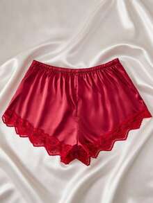 5pcs Solid Color Satin & Lace Patchwork Pajama Set, Including Long Sleeve Robe, V-Neck Camisole, Shorts, Pants And Belt, Elegant Women Sleepwear Loungewear - Burgundy - View 5