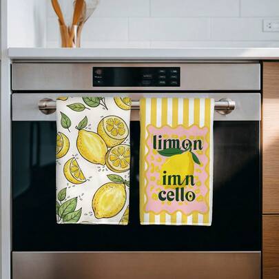 2 khăn lau bếp, kích thước 40*60cm, chất liệu microfiber, in họa tiết chanh và sọc, thấm hút tốt, thích hợp cho nhà bếp, phòng tắm, quà tặng tân gia, giá trị tuyệt vời.
