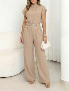 女士夏季米色翻领肩部纽扣收腰阔腿连体裤，优雅职业通勤休闲装 - 淺卡其 - 查看 4