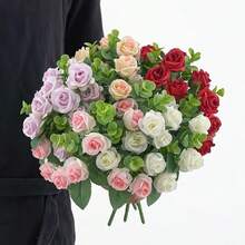1 pieza Ramo artificial de 11 tallos de rosas de eucalipto, decoración del hogar, ramo de boda, regalo para el Día de la Madre/Cumpleaños - Multicolor - Ver 3