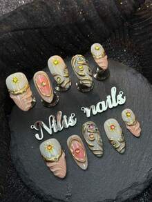 10pcs Handmade Full Coverage Apricot Round Nail Art Stickers With Gold Rhinestone Decor, 4 Sizes Available, Y2K Retro Luxury Style, Suitable For Party And Daily Wear, Includes Jelly Glue And Nail File - Apricot - View 2
