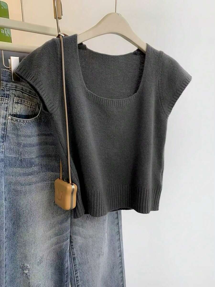 Maglietta a maniche corte in maglia minimalista da donna per l'estate, scollo quadrato, adatta per uso casual, domestico e quotidiano - Grigio Scuro - Visualizzare 1
