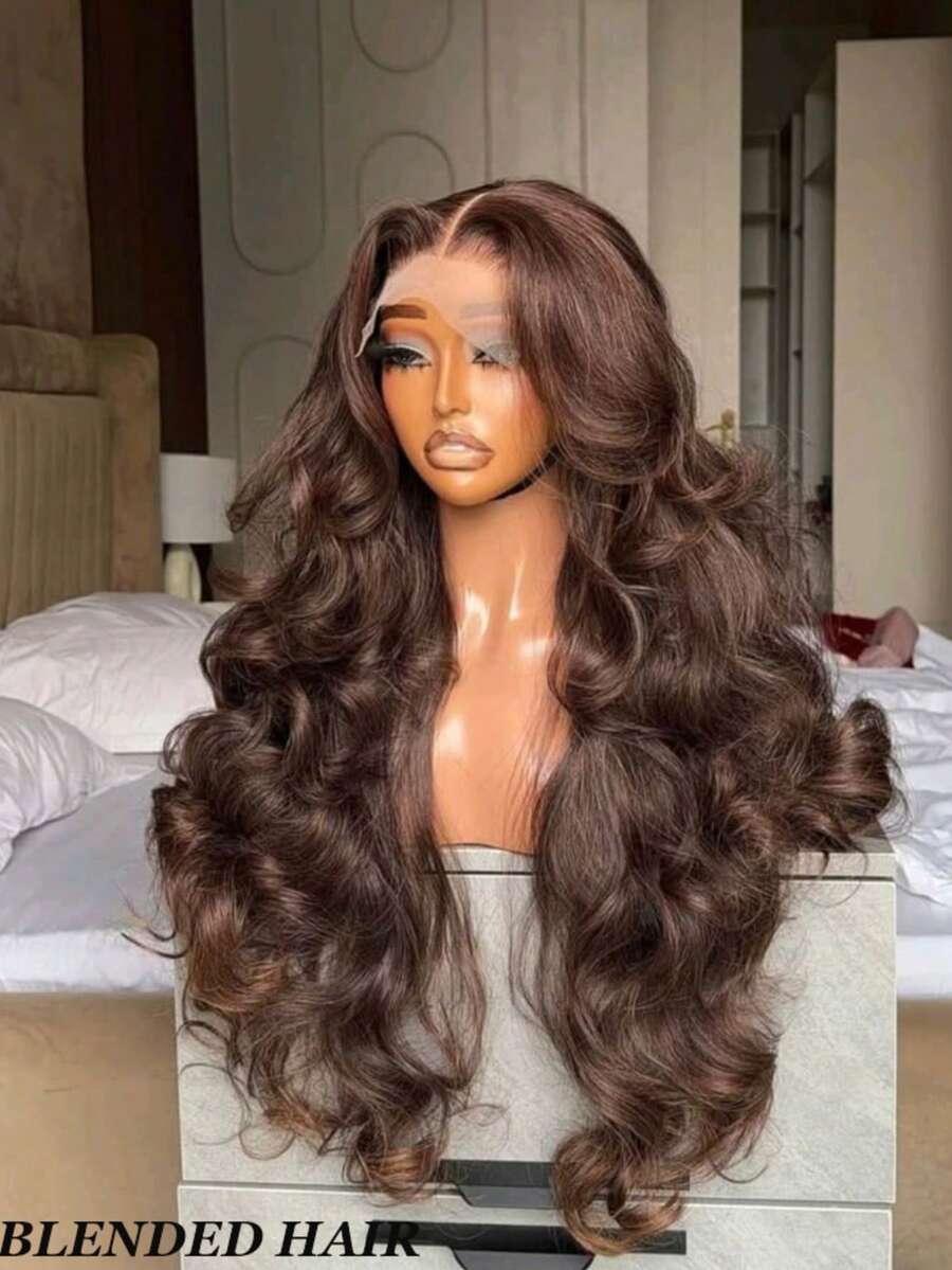 13x4蕾丝前假发，真人前额发丝，波浪卷蕾丝前额，漂白发结，自然发际线，预先拔毛，200密度，高清蕾丝前额，混合发丝，4号棕色，5x5无胶佩戴式假发，女士款，28英寸