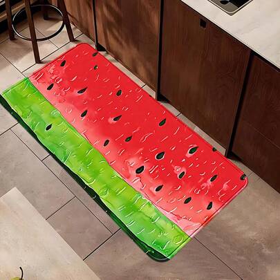 1pc Red Watermelon Pattern Non-Slip Kitchen Mat, Flannel Square Rug Suitable For Bathroom, Living Room, Bedroom, Washable, TPR Anti-Slip Bottom, Suitable For Living Room Carpet, Fireplace, Bathroom, Laundry Room, Bedroom Decor, Home Decor, Holiday Decor