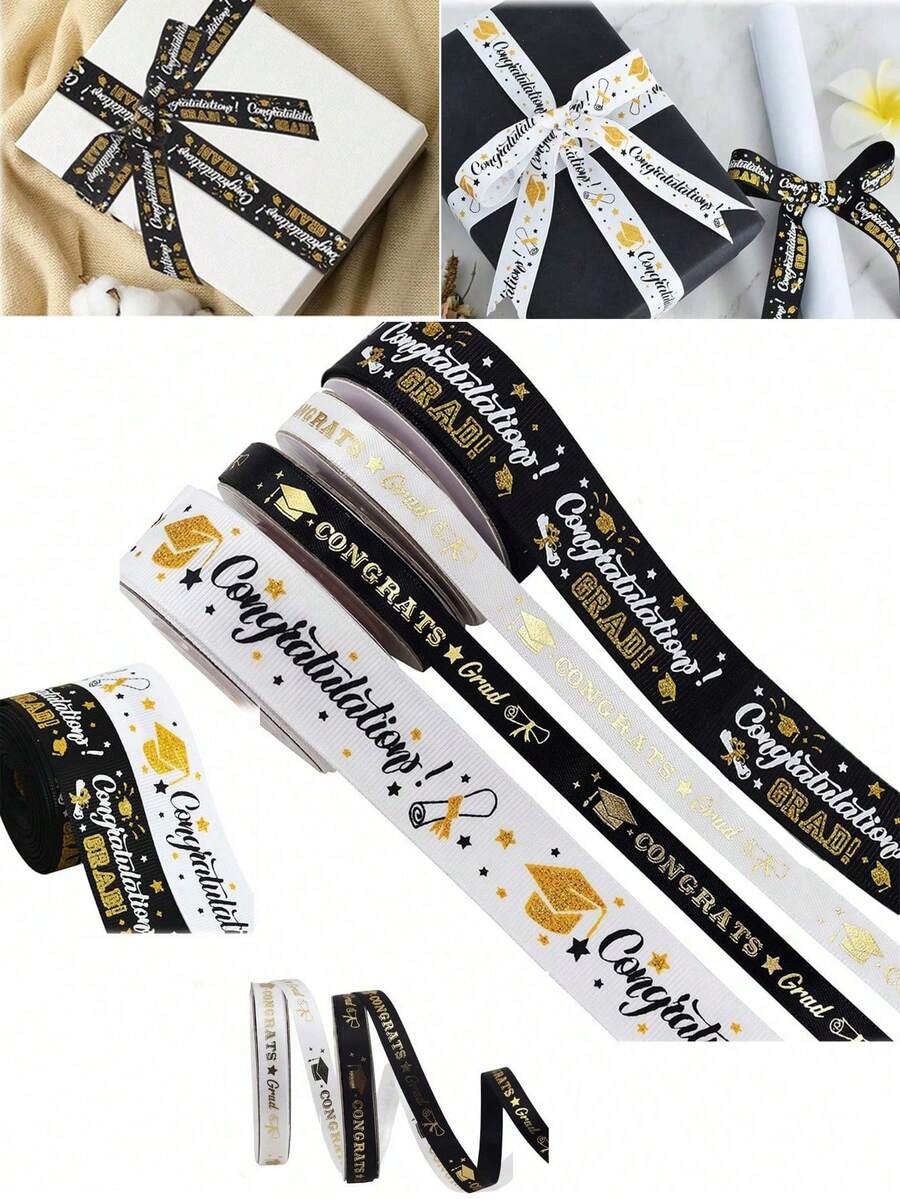 1pc 4.5m (14.76ft) Black/White Satin Ribbon, Checkered Graduation Cap Satin Ribbon. Congratulations On Graduation, Suitable For Graduation Gift Wrapping, Bouquet Wrapping, Packaging Decoration, Graduation Theme Party. - Mixed - View 1