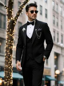 Men's Tailored Suit Set, Black Satin Plaid Collar, Anti-Wrinkle Fabric, Wedding Groom's Evening Dress For Formal Business Attire - 黑色 - 查看 2