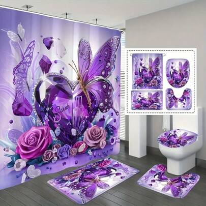 14件套菱形蝴蝶图案浴帘，数码印花现代家居装饰，可机洗，时尚主题，四季皆宜，易于安装——包含12个挂钩，适用于家庭浴室、客房、卧室和客厅。易于清洁和保养，四季皆宜。