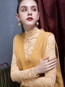 1件性感蕾丝立领长袖修身衬衫，时尚优雅的女士叠穿上衣 - 杏色 - 查看 6