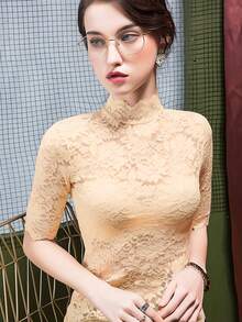 New Summer Women Lace Slim Fit Stand Collar Half Sleeve Elegant Blouse - Apricot - View 3