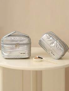 2pcs Large Capacity Cosmetic Bag, Travel Portable Toiletry Organizer Pouch, Waterproof - Silver - View 1