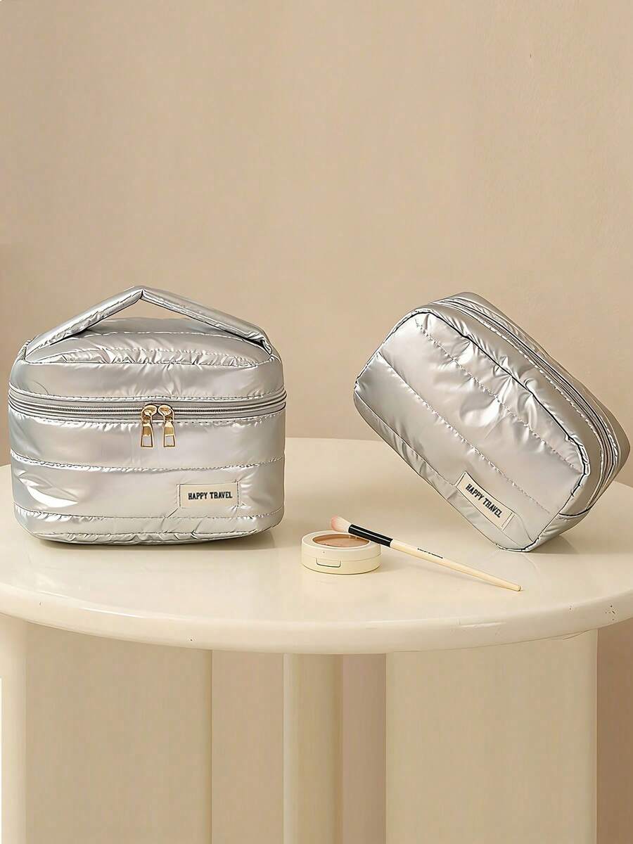 2pcs Large Capacity Cosmetic Bag, Travel Portable Toiletry Organizer Pouch, Waterproof - Silver - View 1