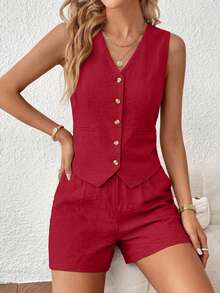 PRETTYGARDEN Women's Summer Clothes Tanktop 2 Piece Sets Outfits Sleeveless Matching  Button Down V Neck Vest Waistcoat And Pockets Going Out Short Sets Vacation - 紅色 - 查看 3