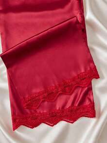 5pcs Solid Color Satin & Lace Patchwork Pajama Set, Including Long Sleeve Robe, V-Neck Camisole, Shorts, Pants And Belt, Elegant Women Sleepwear Loungewear - Burgundy - View 6