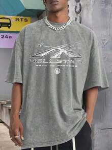 Men's Printed Pattern Washed T-Shirt - Casual Loose Summer T-Shirt With Star And Flame Design, Adult Brown 100% Pure Cotton Round Neck Shirt, Breathable T-Shirt|   Avant-Garde Casual Wear|   100% Pure Cotton Printed T-Shirt - 灰色 - 查看 2