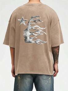 Men's Printed Pattern Washed T-Shirt - Casual Loose Summer T-Shirt With Star And Flame Design, Adult Brown 100% Pure Cotton Round Neck Shirt, Breathable T-Shirt|   Avant-Garde Casual Wear|   100% Pure Cotton Printed T-Shirt - Coffee Color - 查看 3