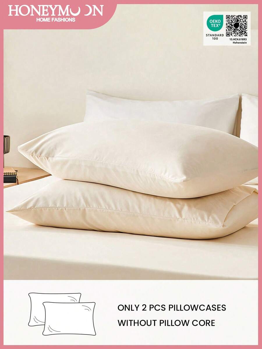 HONEY MOON 2pcs Solid Color Super Soft Pillowcase Set, Breathable, Envelope Closure, Wrinkle Resistant, No Filling - Fits T/F/Q/K Size Home And Dorm, OEKO-TEX Certified, Cream White - Beige - View 1