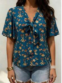 Blusa casual con volantes florales para mujer de talla grande, elegante para oficina en el campo, tops de primavera/verano para jóvenes, estampado botánico todo sobre para vacaciones - Multicolor - Ver 5
