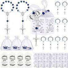 Bộ quà tặng lễ rửa tội 100 món bao gồm: 25 vòng tay mini, 25 túi vải gạc cứng có dây rút, 25 nhãn giấy kraft ghi lời cảm ơn, 25 hộp quà nhỏ, quà tặng tiệc rửa tội/đám cưới (Màu xanh dương) - Xem 1