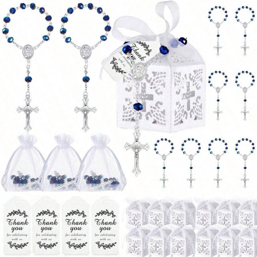 Bộ quà tặng lễ rửa tội 100 món bao gồm: 25 vòng tay mini, 25 túi vải gạc cứng có dây rút, 25 nhãn giấy kraft ghi lời cảm ơn, 25 hộp quà nhỏ, quà tặng tiệc rửa tội/đám cưới (Màu xanh dương) - Xem 1