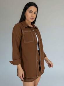 Conjunto Feminino Camisa Manga Longa e Short Saia Marrant Sensorial Boho Casual Fofo Luxo Elegante - Marrom - Visão 4