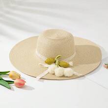 1 Hat And 1 Bag, Suitable For Vacation Wear - Pom-pom Flower Beige - View 7