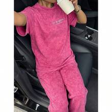Women's Washed Brown T-Shirt And Pants Two-Piece Casual Set - 玫紅色 - 查看 4