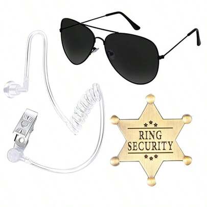 Bộ trang phục đặc vụ mật vụ 3 món - Kính thời trang đen, huy hiệu, cà vạt có khóa kéo điều chỉnh, tai nghe - Trang phục điệp viên - Dùng cho nhập vai, tiệc Halloween, trang phục hóa trang, bộ trang phục nhập vai ngày lễ, đạo cụ trang phục điệp viên