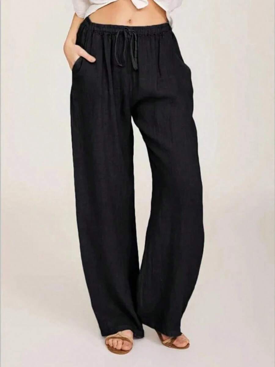 Women Cotton Linen Pants Summer And Autumn Solid High Waist Wide-Leg Trousers Female Loose Hemp Casual Breathable Sports Pants - 黑色 - 查看 1