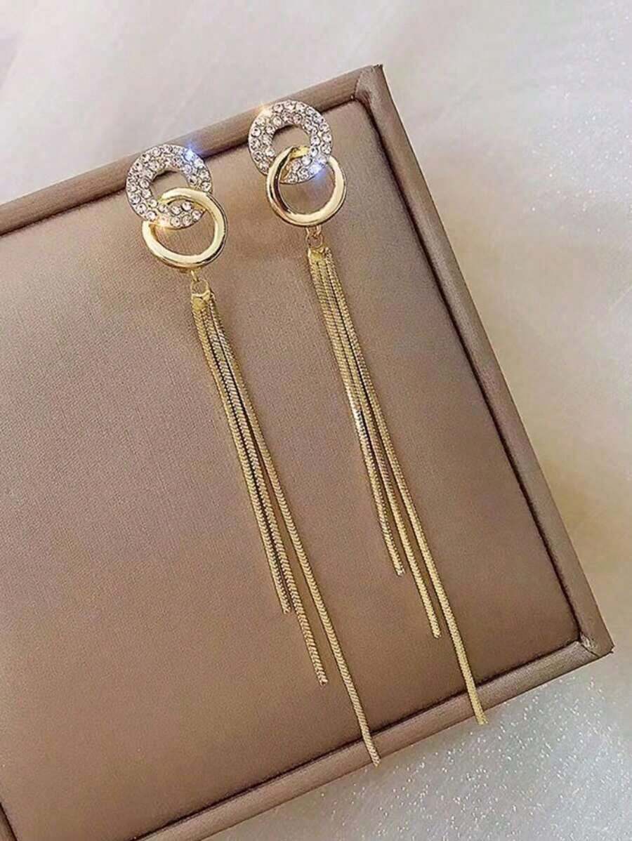 1pair Glamorous Rhinestone & Chain Tassel Decor Drop Earrings For Women For Party - 金子 - 查看 1