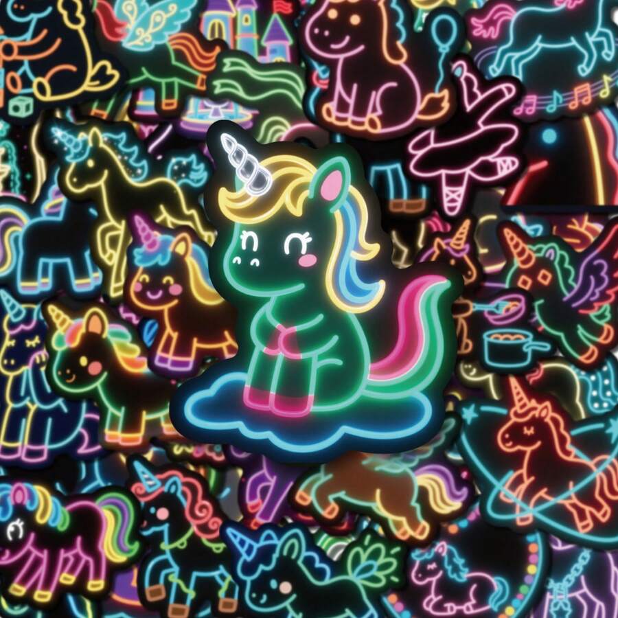 56 PIEZAS Pegatinas de unicornio neón, calcomanías de vinilo resistentes al agua para botellas de agua, portátiles, patinetas, scrapbooking, manualidades DIY, pegatinas estéticas para adolescentes, adultos, ideales para recuerdos de fiesta, envoltura de regalos, diarios, decoración del hogar, equipaje, fundas de teléfono, suministros creativos de manualidades DIY para scrapbooking - A - Ver 1