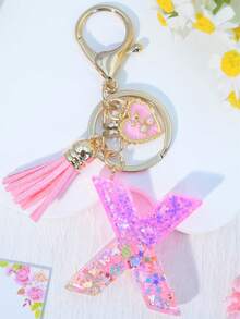 1pc Pink Letter Keychain Resin Drip Glue Butterfly Heart Pendant, Cute Gift For Women Bag/Key Chain - Baby Pink - View 22