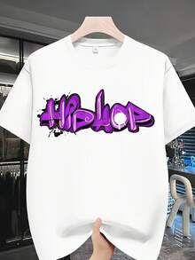 T-shirt vintage décontracté pour homme, en tissu tricoté 100% polyester, coupe classique, avec imprimé lettres violettes vives, idéal pour un style sportif estival. - Blanc - Voir 6
