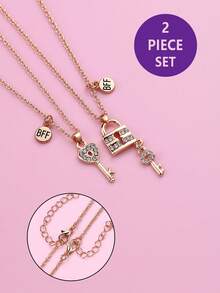 2 peças/Conjunto Colar Pingente de Chave e Cadeado com Strass Cartoon BFF para Crianças, Adequado para Uso Diário, Presente, Feriado - Dourado - Visão 2