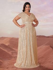 YISIKADO Vestido de fiesta de noche con escote en V con lentejuelas para mujer de talla grande, vestido formal elegante para graduación, cena, invitada de boda - Champán - Ver 3