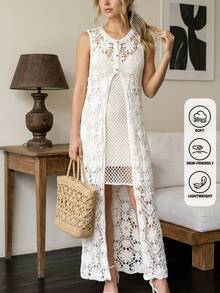 Đầm ren khoét rỗng màu trắng, đầm dài kiểu bohemian xẻ tà, thích hợp cho lễ Phục sinh và kỳ nghỉ hè. - trắng - Xem 5
