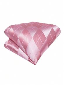 Conjunto de 4 piezas para hombre con corbata Ascot, pañuelo de bolsillo, gemelos y anillo dorado con patrón geométrico de diamantes en color rosa para boda y fiesta - Rosa - Ver 3