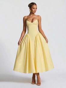 2026 Elegant Retro Tie-Up Party Dress, Spaghetti Strap Cocktail Dress, Party & Tea Dress Wedding Spring. - Yellow - View 3