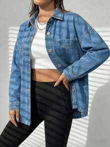 Áo khoác denim nữ tay dài, vai rớt, kiểu dáng thường ngày, dáng boyfriend, cài cúc, có túi. - Rửa nhẹ - Xem 4