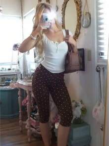 Women Y2k Polka Dot Printed Capris Cute Low Rise Stretchy Cropped Pants Side Bow Tie Skinny Capri Leggings Going Out - 紅棕色 - 查看 1