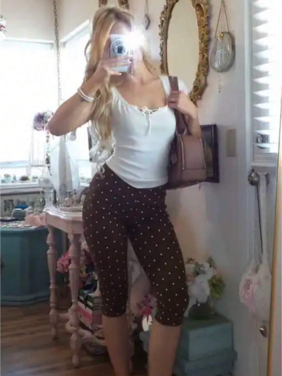 Women Y2k Polka Dot Printed Capris Cute Low Rise Stretchy Cropped Pants Side Bow Tie Skinny Capri Leggings Going Out - 紅棕色 - 查看 1