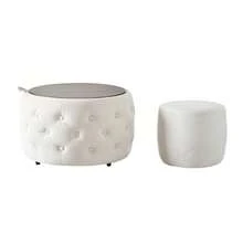 Luxurious Set Of 2 Stackable Velvet Stools, 4-In-1 Function, Round Stool With Wooden Shelf And Storage Space, No Assembly Required, Beige Color (58cm X 58cm X 38cm). - Beige - View 1