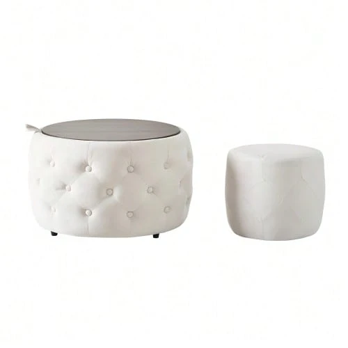 Luxurious Set Of 2 Stackable Velvet Stools, 4-In-1 Function, Round Stool With Wooden Shelf And Storage Space, No Assembly Required, Beige Color (58cm X 58cm X 38cm). - Beige - View 1