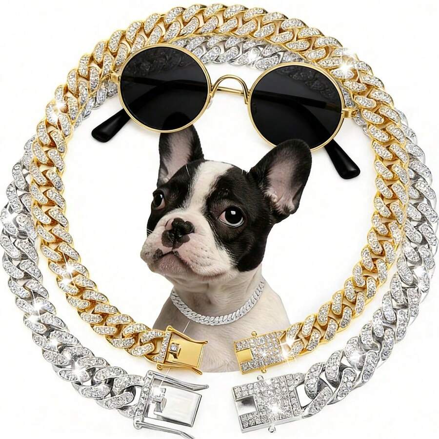 2pcs Pet Necklace, Zinc Alloy Material, Rhombus Cuban Chain Sturdy And Durable, Inlaid With Rhinestones, Adjustable Design For Easy Wearing, Fashionable Collar Suitable For Cats And Dogs, Very Stylish For Daily Outings - Multicolor - View 1