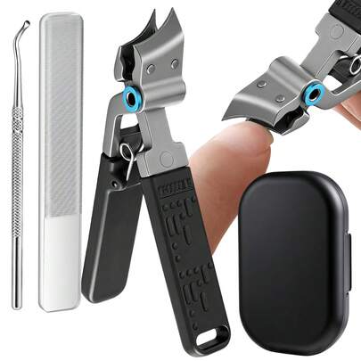 YUANDU Effortless Lever Nail Clipper Set, Large Opening Stainless Steel Nail Cutter With Nail File, Cuticle Pusher & Storage Case, Professional Manicure Pedicure Tool For Thick Hard Nails