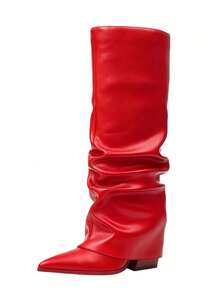 Shark Boots Women's Knee High Boots Fold Over Boots Slouchy Chunky High Heels Shoes Wide Calf Pointed Toe Shoes - 紅色 - 查看 6