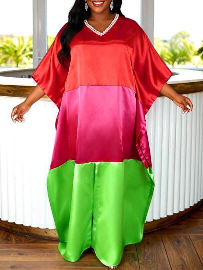 Đầm dài dáng rộng bằng satin AOMEI dành cho nữ, cổ chữ V, tay cánh dơi đính ngọc trai, kiểu kaftan kín đáo, phù hợp cho nhà thờ và các dịp trang trọng.